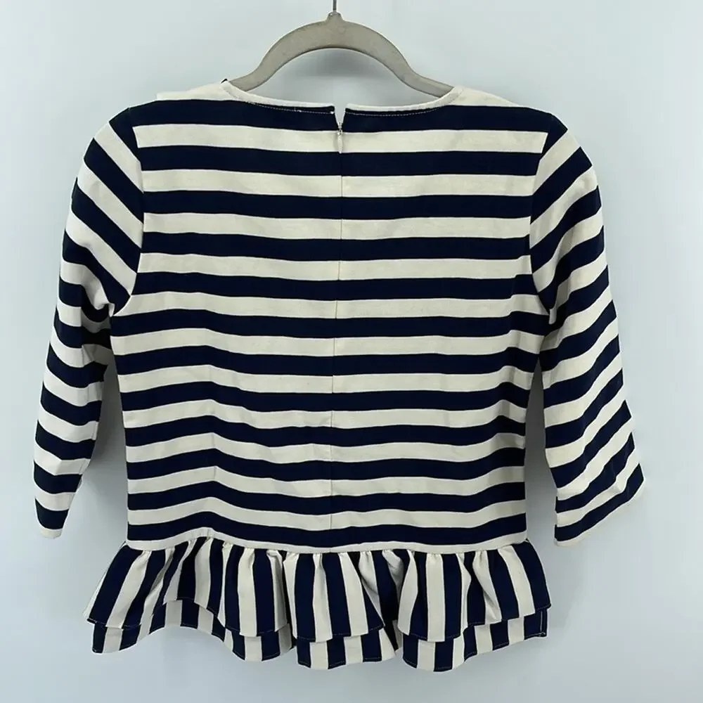 J. Crew striped scoop neck asymmetrical ruffle peplum hem 3/4 sleeve top sz XS